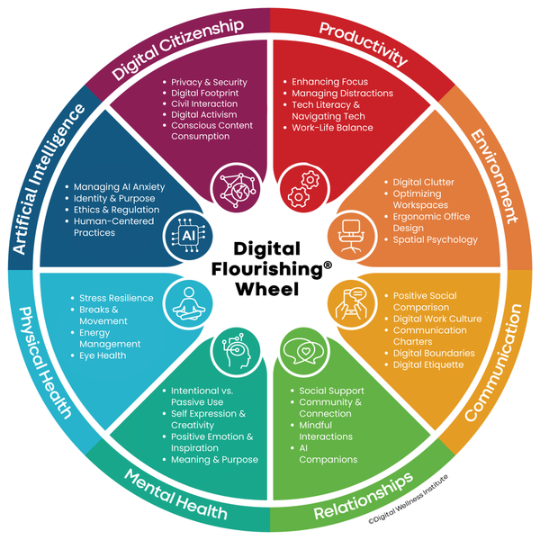 Digital Flourishing Wheel: rueda con las áreas del bienestar digital, como productividad, entorno, comunicación, relaciones, salud mental, salud física, inteligencia artificial y ciudadanía digital