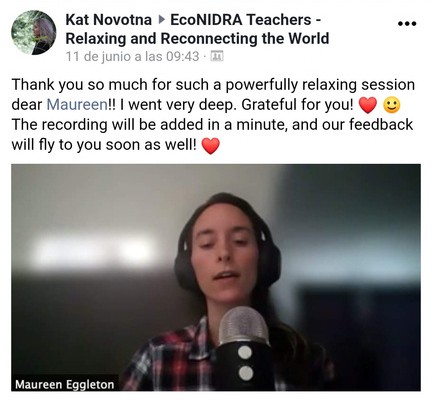 Publicación de Facebook en el grupo EcoNIDRA Teachers agradeciendo a Maureen por una sesión de relajación profunda
