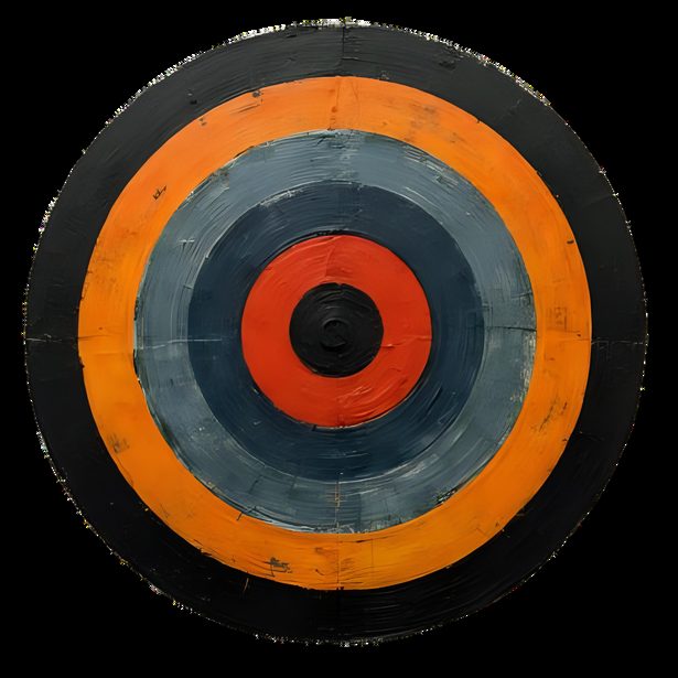 Pintura de círculos concéntricos en naranja, gris y negro